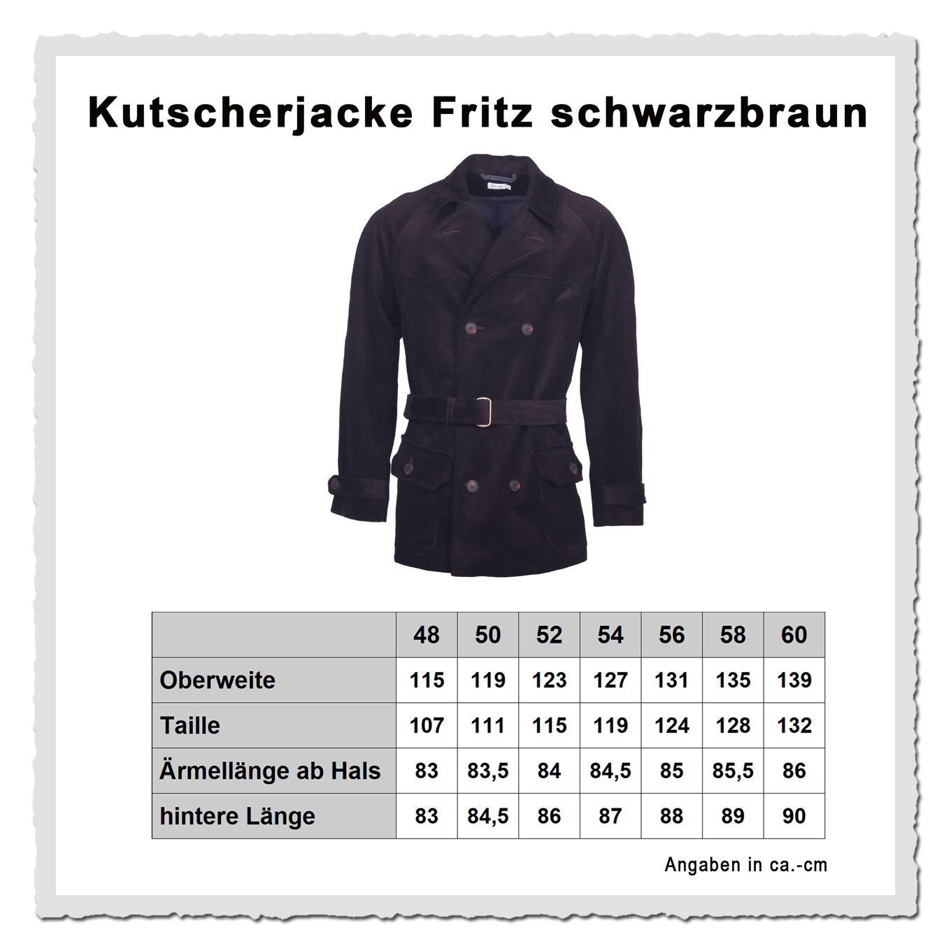 Kutscherjacke Fritz schwarzbraun aus Cord, Masstabelle mit Frontansicht am Modell